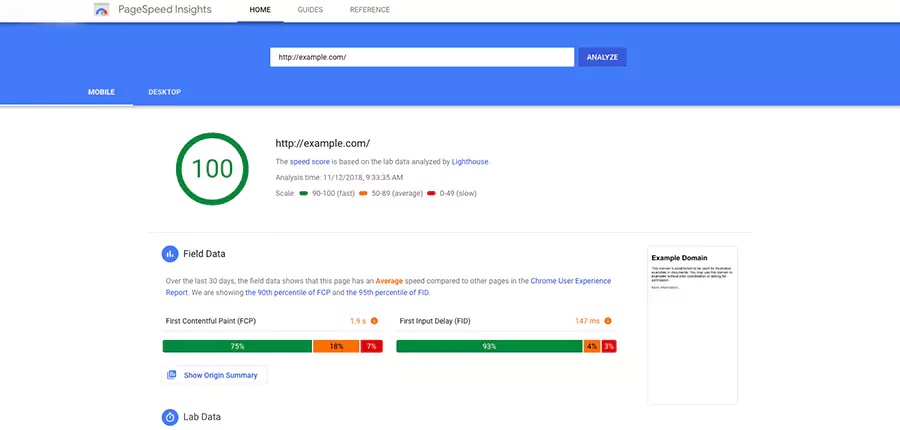 Mobile speed testing with page speed insight